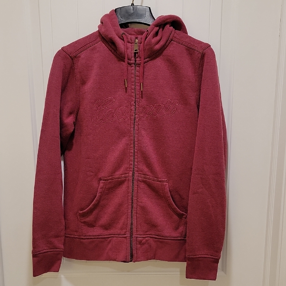 Carhartt Full Zip Maroon Embroidered Hoodie Size M 8-10 - Picture 1 of 8